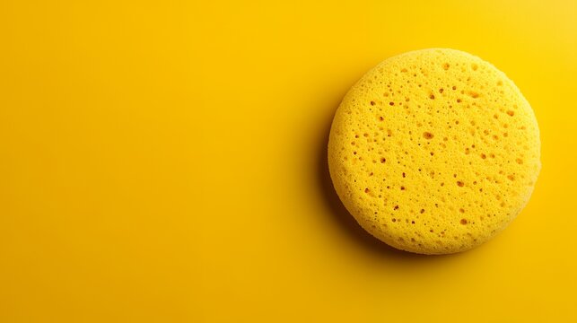 A vibrant yellow cleaning sponge sits on a matching yellow background, ready for use