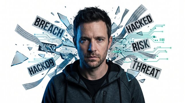 Cyber security expert facing a data breach with cyber attack warnings like hack, risk, and threat shattering around him in a digital landscape
