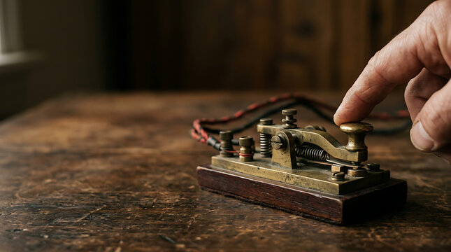 Vintage Morse Code Telegraph Key on Wooden Table with a Finger Pressing the Switch for Antique Communication