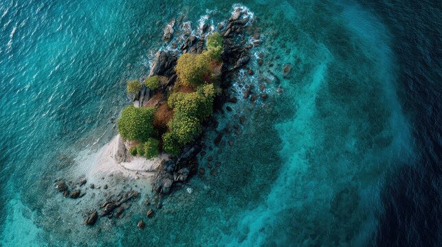 Aerial View of Tropical Island Surrounded by Crystal Clear Water