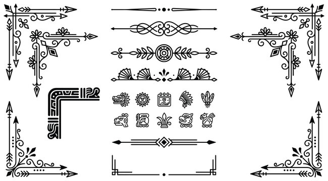 Aztec inspired decorative borders corners and symbols collection for historical themed graphic design projects.