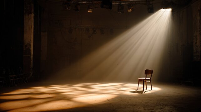 rehearsal. Empty theater rehearsal hall with a single spotlight on a central chair casting dramatic shadows. real-estate listings.