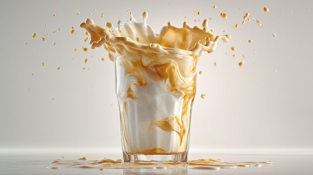 Milk and Coffee Splash in Glass Creating Artistic Cream Swirl