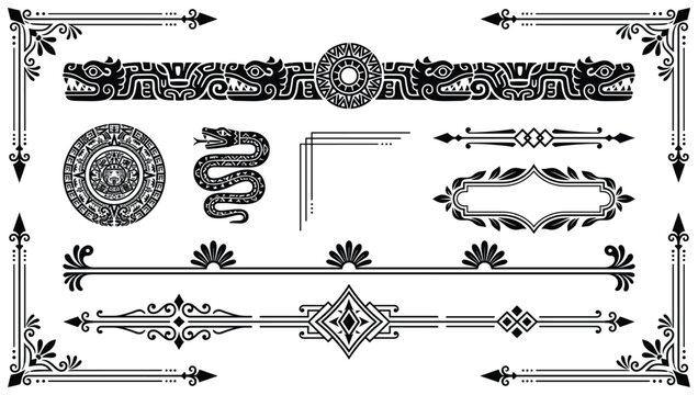 Aztec inspired decorative frames and page borders with ancient motifs for cultural graphic design applications.