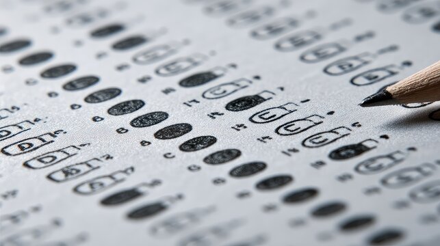 Detailed Close-Up of Multiple Choice Answer Sheet and Pencil