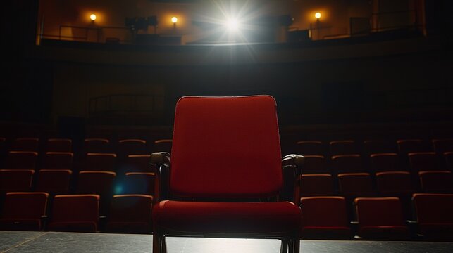 rehearsal. Empty theater rehearsal hall with a single spotlight on a central chair casting dramatic shadows. real-estate listings.