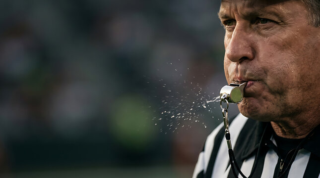 Close-up of a determined sports referee in uniform blowing a whistle with visible spittle during a competitive game, making a critical call or signaling a play on the field