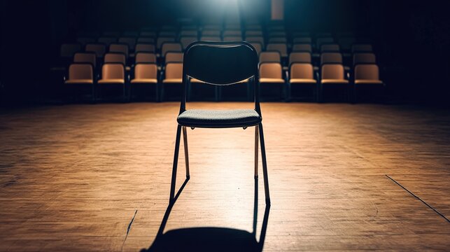 rehearsal. Empty theater rehearsal hall with a single spotlight on a central chair casting dramatic shadows. real-estate listings.
