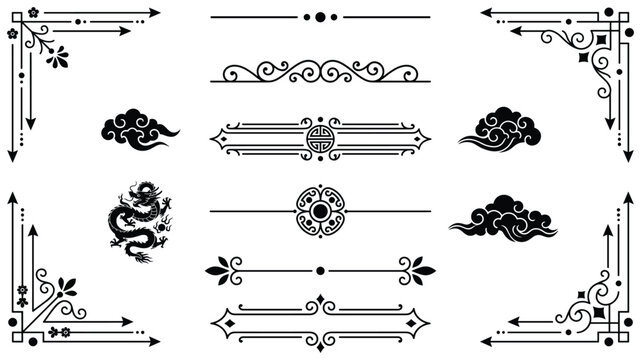Chinese style decorative dragon clouds and ornate border frames set for oriental themed graphic design art.