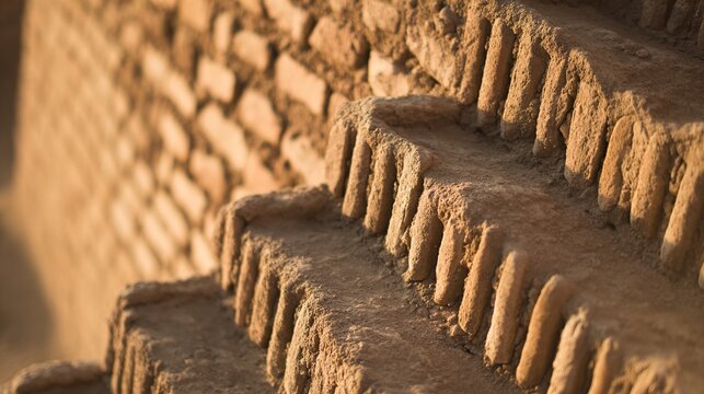 ziggurat. Ancient Mesopotamian mud-brick ziggurat structure, weathered surface in warm desert light. real-estate listings.