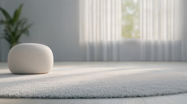 A light gray, round smart speaker sits on a fluffy white rug in a bright room