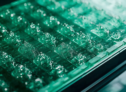 Macro photography of green hydrogen fuel cell stack membrane electrode assembly with platinum catalyst layer