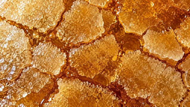 Crystallized honey surface breaking into polygonal plates under cold directional light