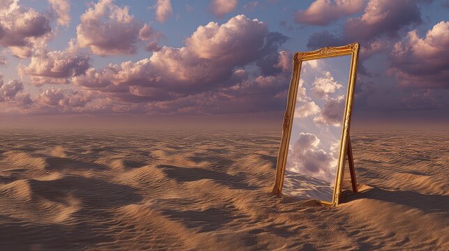 Surreal Mirror in Desert Landscape with Dramatic Cloudy Sky