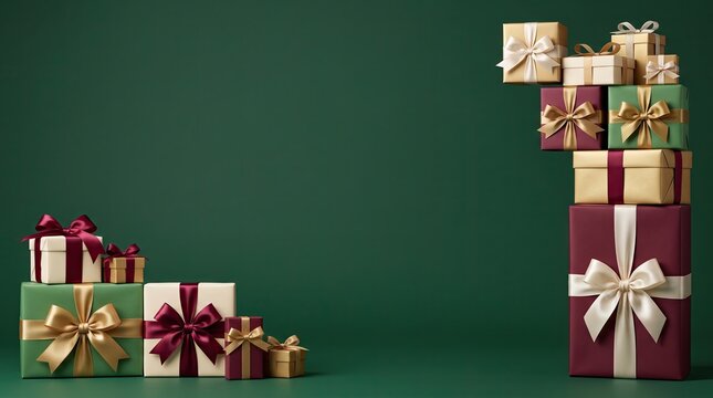 A festive merry christmas background featuring a stack of beautifully wrapped holiday gift boxes on green