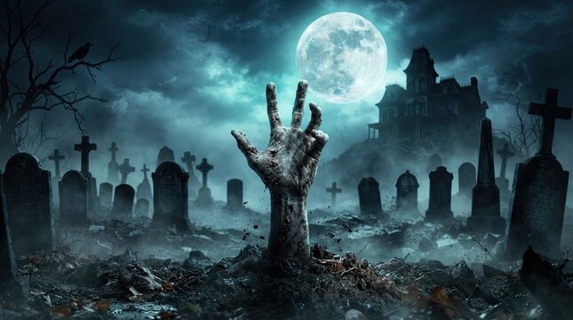 Zombie hand rising from grave in spooky cemetery under full moon at night