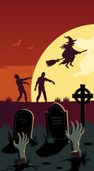 Naklejka premium Happy Halloween poster illustration spooky graveyard with zombie hands rising from ground grave, walking zombies, tombstone, flying witch, ghosts, bats and large full moon on night blood sky.