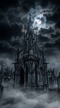 An ancient, intricately designed gothic chapel rises majestically from swirling ground mist, illuminated by a brilliant full moon in a spooky cemetery.
