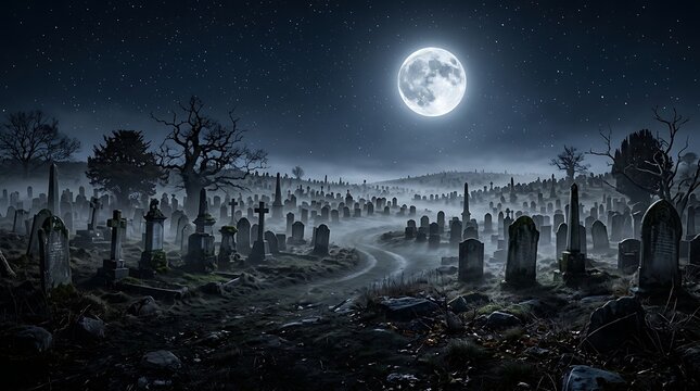 A hauntingly beautiful full moon illuminates a misty, ancient graveyard filled with weathered tombstones and eerie shadows, perfect for Halloween.