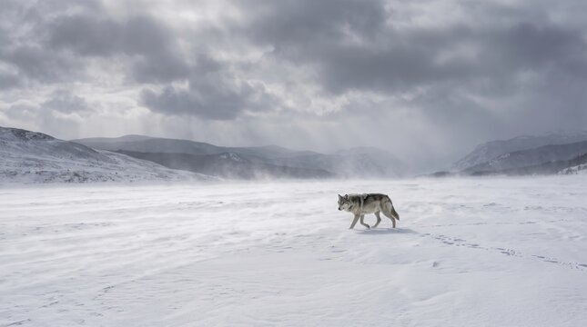 Lone Gray Wolf Walking Through a Snowy Winter Landscape with Blown Snow