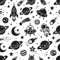 Fototapeta premium Outer Space Seamless Pattern Vector Background with Astronaut Planets Rockets and UFO Motifs.
