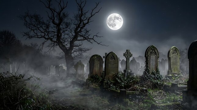 An atmospheric night scene captures a spooky graveyard under a bright full moon, with ancient tombstones amidst swirling fog and a dead tree, perfect for Halloween.
