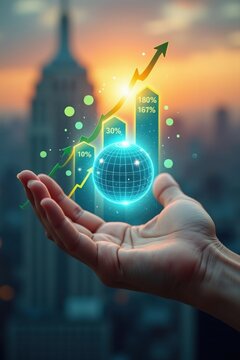 Una mano sostiene una instituci&oacute;n financiera virtual global rodeada de flechas din&aacute;micas y porcentajes, simbolizando rendimientos de inversi&oacute;n acelerados