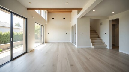 Obraz premium Renovación de vivienda moderna centrada en la luz natural y la amplitud espacial, con eliminación de tabiques interiores