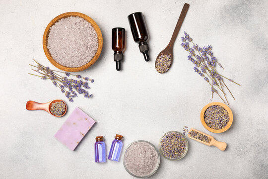 Lavender essential oil in glass and bottles with fresh lavender fowers. Natural aromatherapy. Organic skincare. Herbal cosmetic serum. Spa wellness treatment. Botanical Extract, beauty and self care