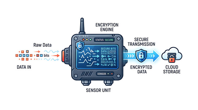 Sensor unit encrypting raw data for secure transmission to cloud storage with input enters sensor encryption secure