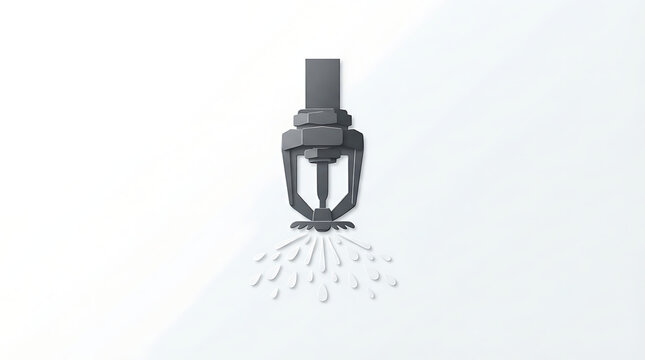 A gray fire sprinkler icon spraying water droplets isolated on a clean white background surface with droplets against simple