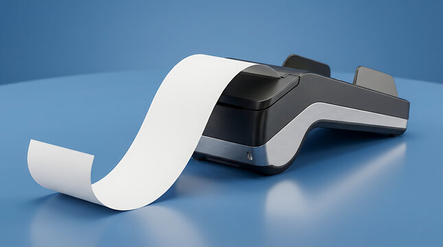Close-up view of a POS machine with a long roll of receipt paper against a blue background.