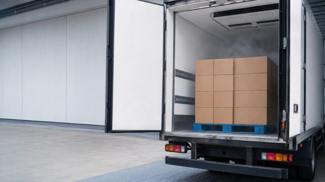 Delivery truck parked at loading dock with boxes ready for transport