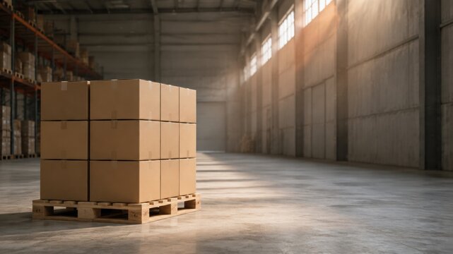 Stack of brown boxes on a wooden pallet inside a large warehouse during daylight