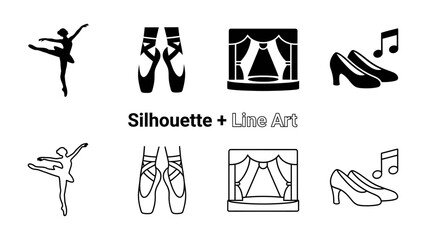 Ballet Dance Icons: A collection of silhouette and line art icons depicting ballet dancer, ballet shoes, stage, and musical notes, representing the art of dance. © Taika