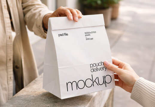Hands Passing White Paper Delivery Bag in Bright Outdoor Setting for Food Packaging and Branding Presentation