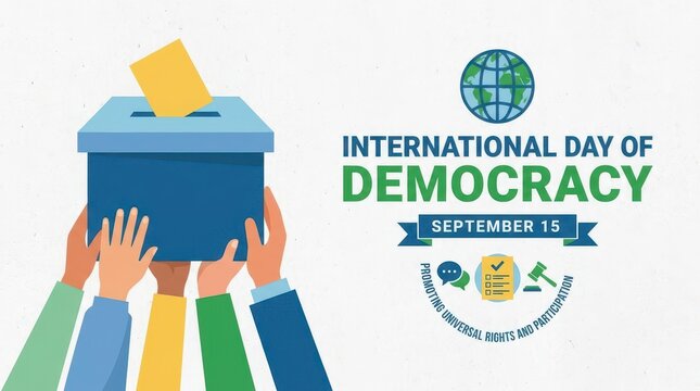 Hands lifting voting ballot box for democracy day