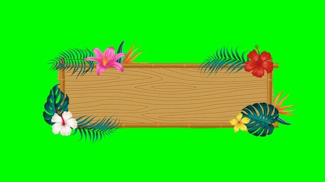 tropical wooden bamboo board frame decorated with moving flowers and leaves animation on a green screen background