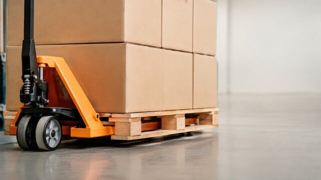 Pallet jack transporting cardboard boxes in a warehouse