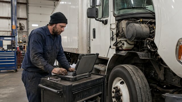 Freight mechanic securing diagnostic laptop access beside a parked delivery truck
