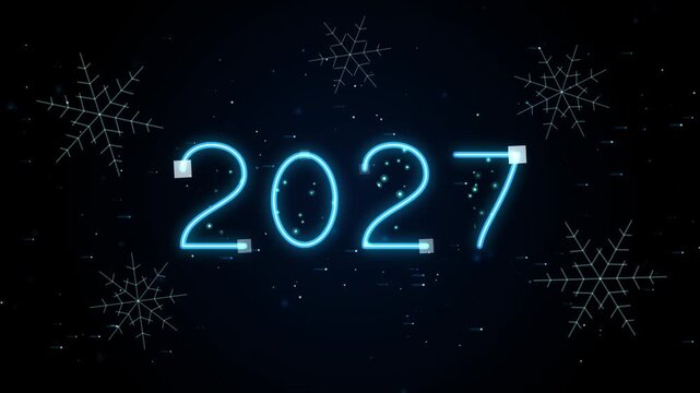 A futuristic 2027 holographic year typography loop in vibrant neon pink, featuring shimmering diamond dust, rotating ice mandalas, and glowing particles swirling around a central portal on a black bac