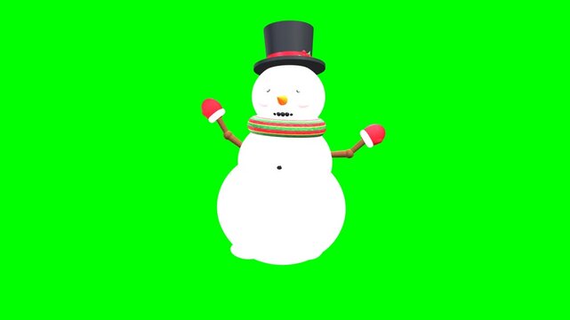 Assetless procedural 3D snowman walking and waving with both mitten hands visible on pure chroma key green screen rendered at 1080p Full HD in Three.js