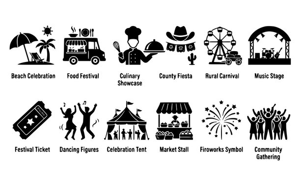 Festival and Carnival Black Icon Set with Beach Celebration Food Culinary Music Stage Vector Illustration