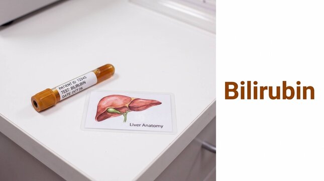 Bilirubin blood sample tube beside liver anatomy diagram illustrating liver function test