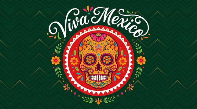Viva Mexico text with decorative sugar skull illustration for Day of the Dead celebration.