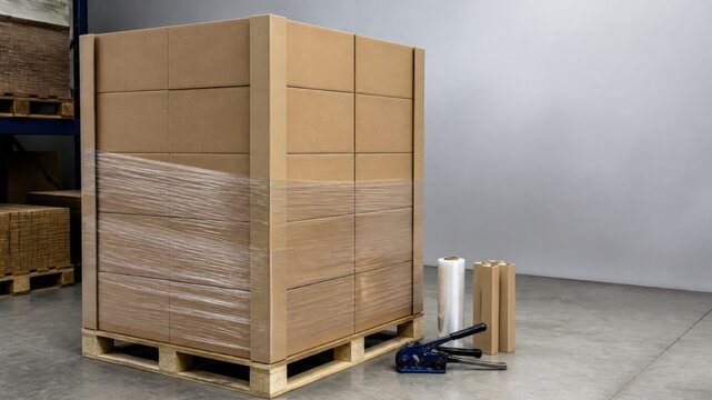 Cardboard boxes stacked on a wooden pallet with wrapping material beside them in a warehouse setting