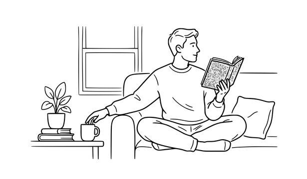 Relaxed Man Reading Book and Coffee at Home Minimal Line Vector