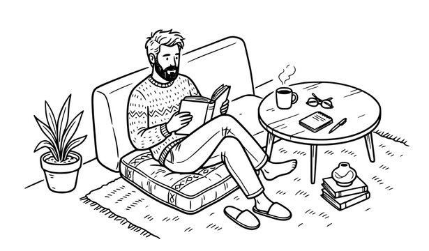 Man Reading Book with Coffee at Home Hand Drawn Line Art