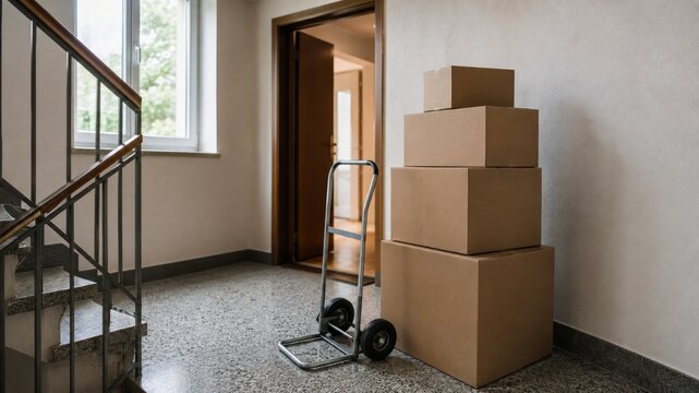 Boxes stacked in a hallway with a hand truck beside them during a moving process