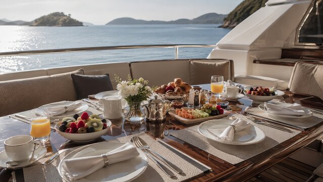 Luxury yacht breakfast arranged on a sheltered teak deck